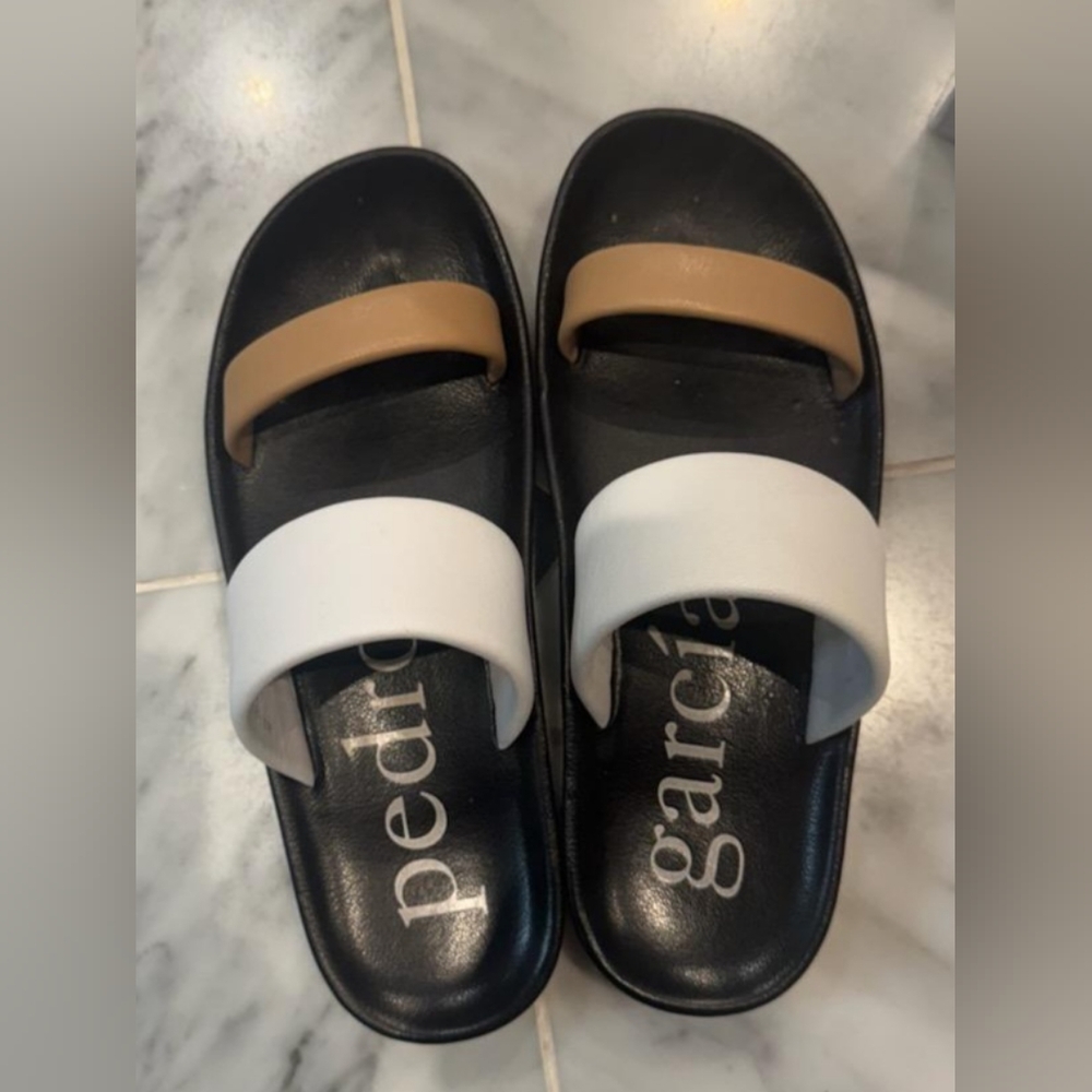 Pedro Garcia Black Sandals with White and Tan Straps